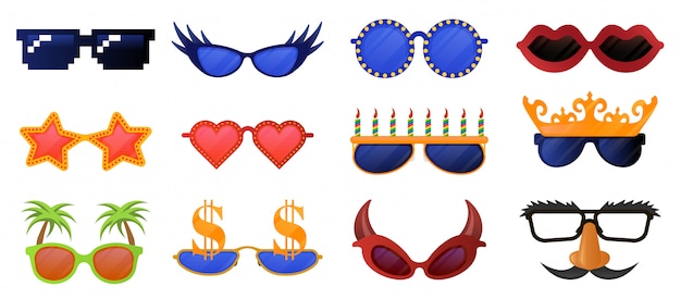 Funny party glasses. Carnival, masquerade sunglasses, photo booth party decorative glasses  illustration icons set. Masquerade glasses collection, funny mustache and mask