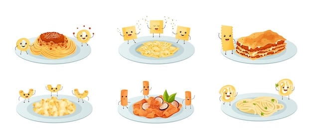 Funny pasta on plate Happy smiling ravioli characters lasagna on dish and funny noodle products vector Illustration set