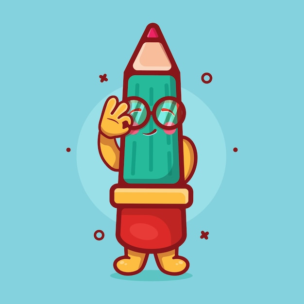 funny pencil character mascot with ok sign hand gesture isolated cartoon in flat style design