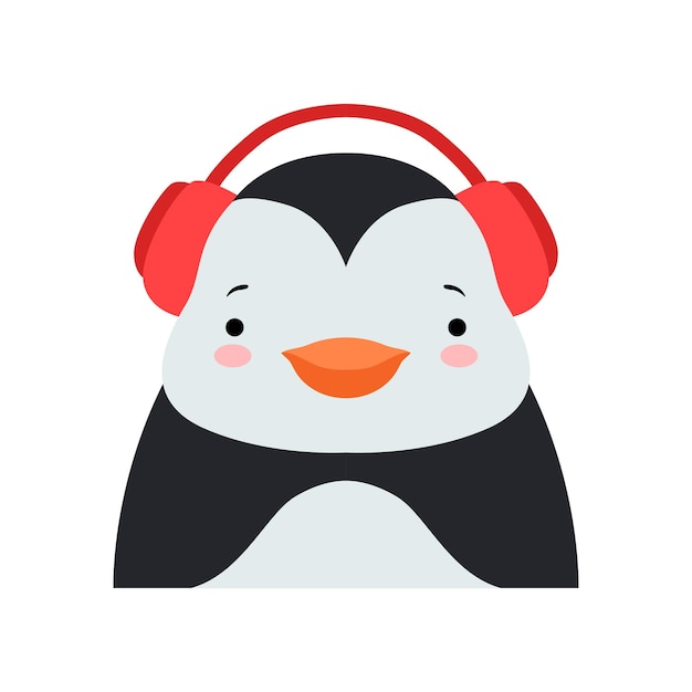 Vector funny penguin in headphones cute cartoon animal character avatar vector illustration isolated on a white background