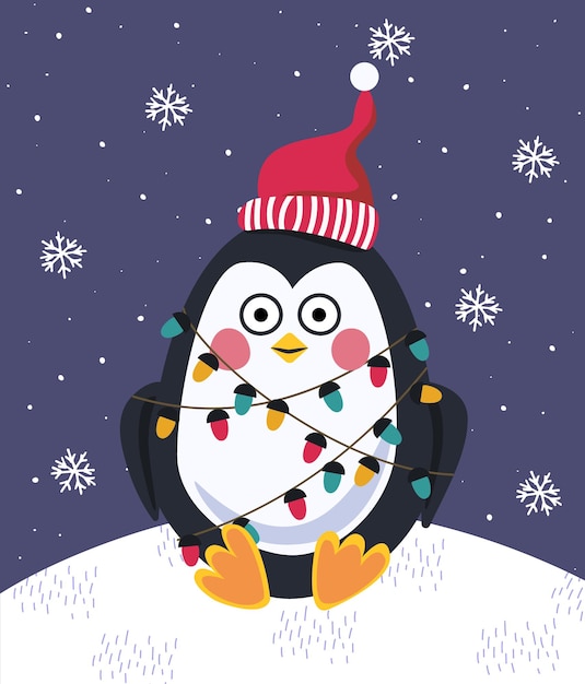 Funny penguins Greeting card for Christmas New Year Vector illustration