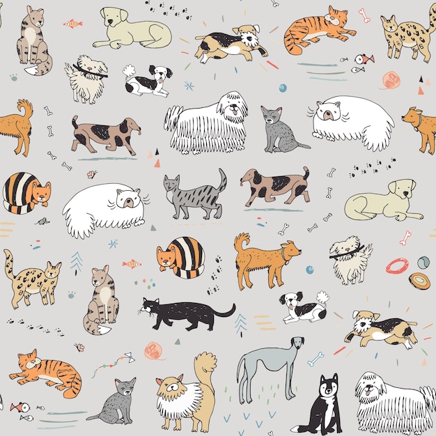 Funny pet dog and cat vector seamless pattern