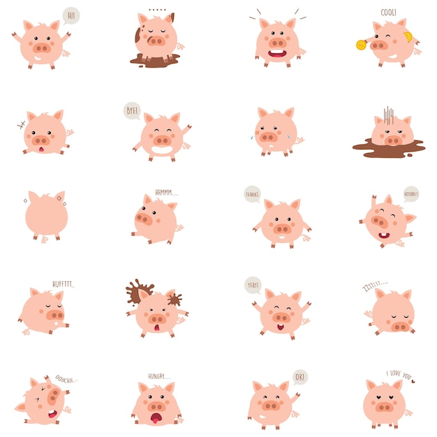 Funny pigs cartoon characters are a flat collection of little cute animals in various situations fun