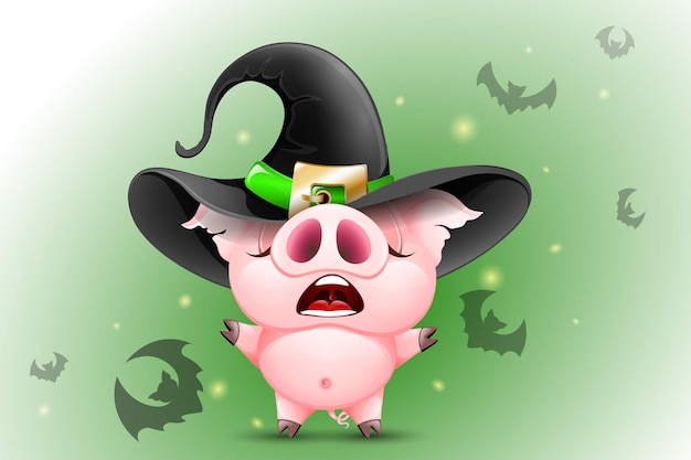 Funny pink conjuring cartoon witch pig with magic lights and flying bats