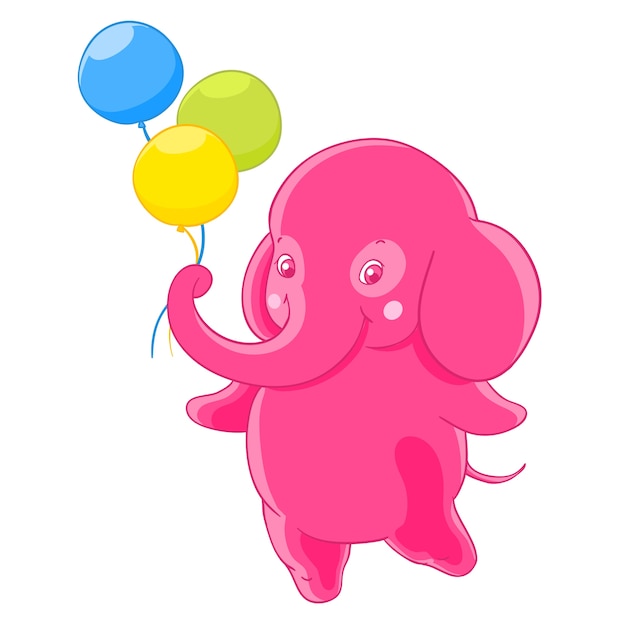 Funny pink elephant gives the three balloons.