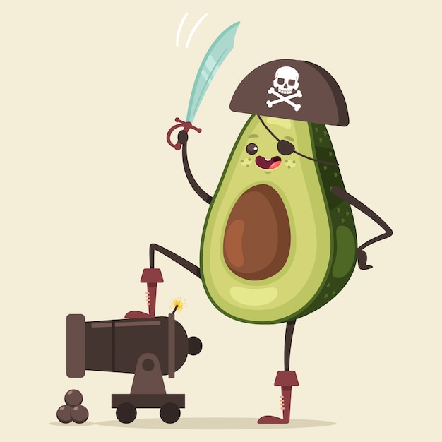 Funny pirate Avocado in hat, eye patch, sword and cannon with ball Cute fruit sea robber cartoon character isolated