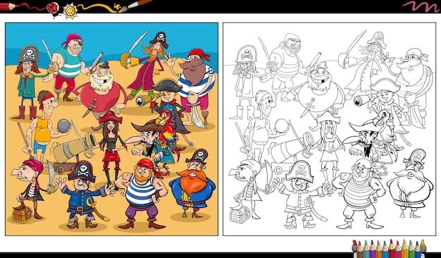 funny pirates characters group coloring page