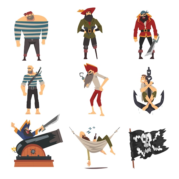 Funny Pirates Collection Male Buccaneers Cartoon Characters Vector Illustration