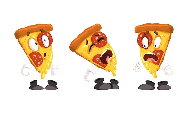 Vector funny pizza slices set cute fast food characters with various emotions cartoon vector illustration