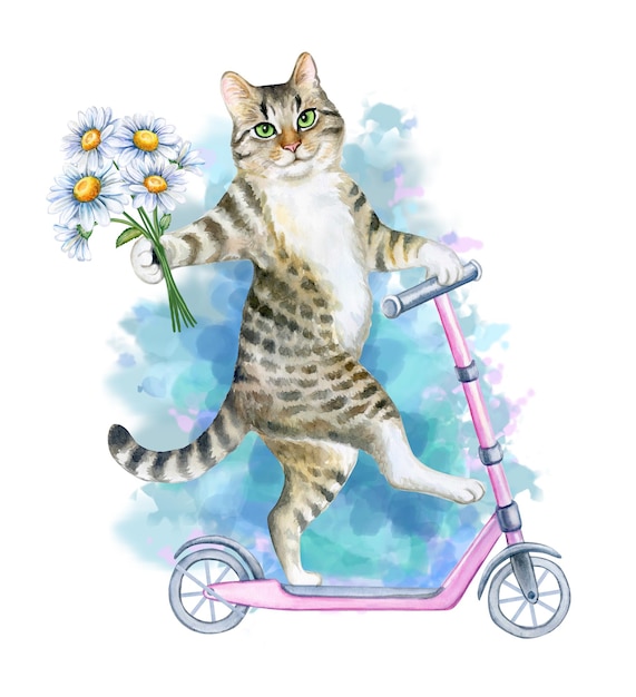 Funny playful cat rides a pink scooter isolated on white background Watercolor Illustration