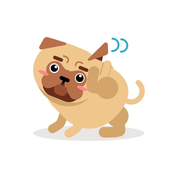 Funny pug dog character scratching an itch vector Illustration isolated on a white background