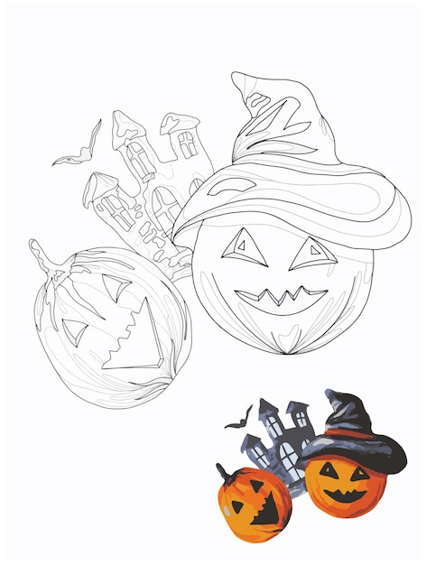 Funny pumpkin lanterns in doodle style coloring book coloring page for kids and adults for halloween