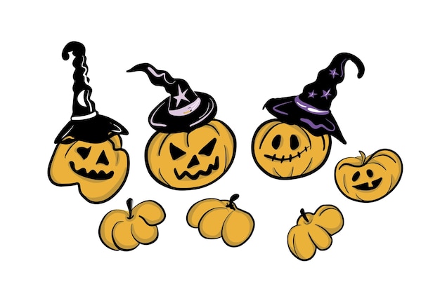 Funny pumpkins in witch hats for Halloween cartoon.Hand drawn illustration.