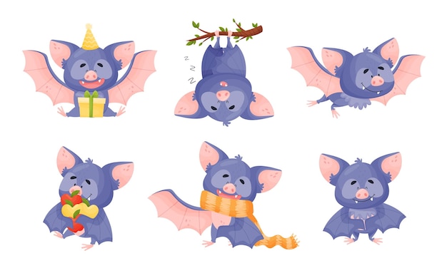 Funny Purple Bat Character in Different Poses Vector Set