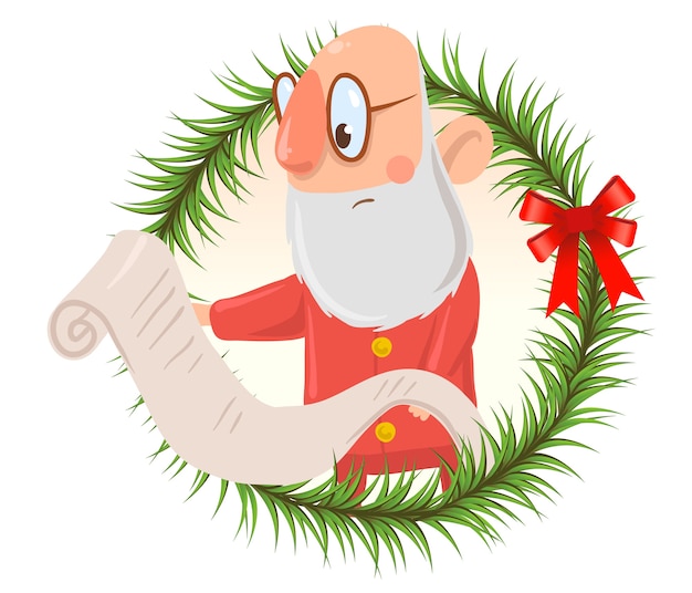 Funny puzzled Santa Claus in glasses reads long list of wishes. Isolated on white background. Round design element, frame of fir branches. Cartoon character illustration.