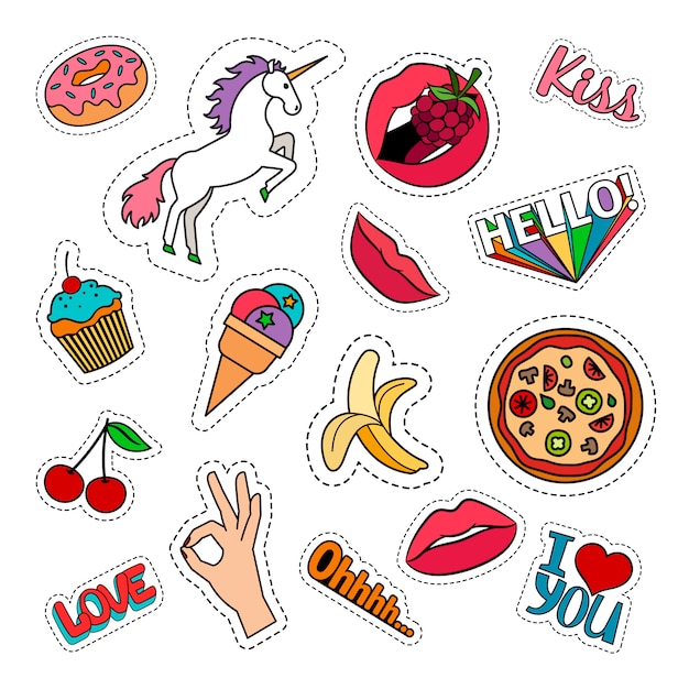 Funny quirky colorful food stickers set with pizza, cherry, ice cream, unicorn and words. Vector patches