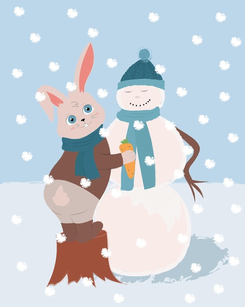 Funny rabbit trying to put down snowman's carrot nose