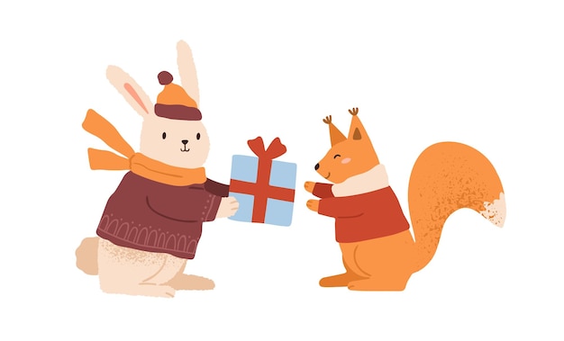 Funny rabbit in warm clothes giving gift box to cute squirrel vector flat cartoon illustration. Happy childish animals celebrating Christmas or Birthday isolated. Amusing characters in winter apparel.