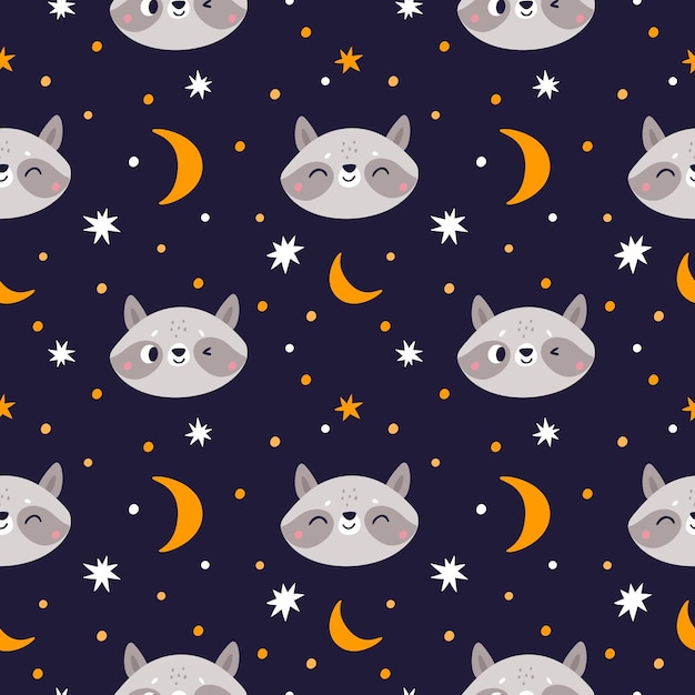 Funny raccoon seamless pattern Cute little animals smiling faces Wildlife cartoon characters Comic mammal muzzles Stars and dots Night sky Happy creatures head Vector background