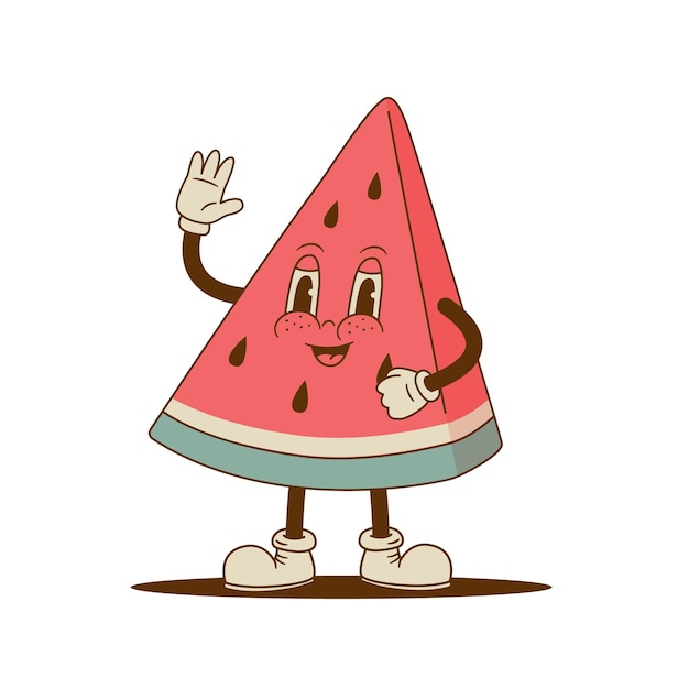 Funny retro cartoon watermelon character Smiling fruit mascot vector illustration Nostalgia 70s 80s