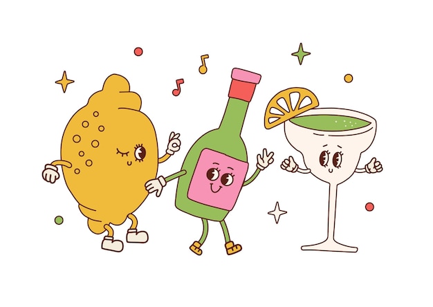 Funny retro Tequila Lime and Margarita characters set Cute mexican food and drink dancing Latin American party 40s cartoon vector illustration isolated on background Best friends concept design