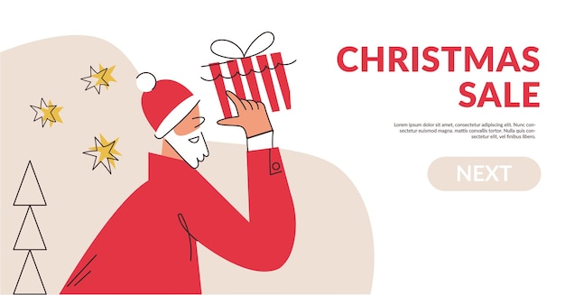 Funny Santa Claus character with gift and stars landing page template. Box with presents. Merry Christmas and Happy New Year greeting card. Simple flat vector cartoon illustration for  banner