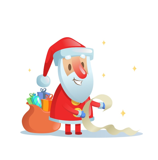 Funny Santa Claus checking his list. Cartoon Christmas card. Colorful flat illustration. Isolated on white background.