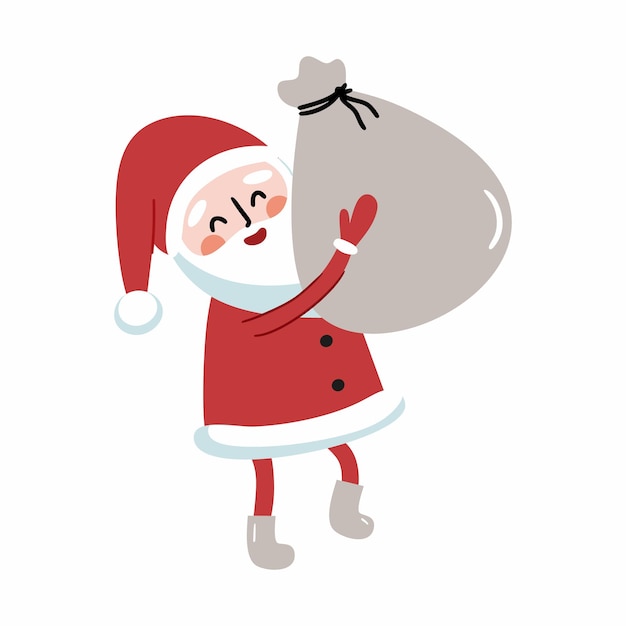 Funny Santa Claus is holding bag of gifts in his hands Vector character for design of postcard New Year discounts and Christmas promotion