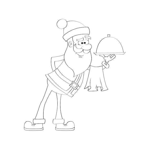 Funny Santa Claus waiter holding tray of food Black and white vector illustration Coloring book