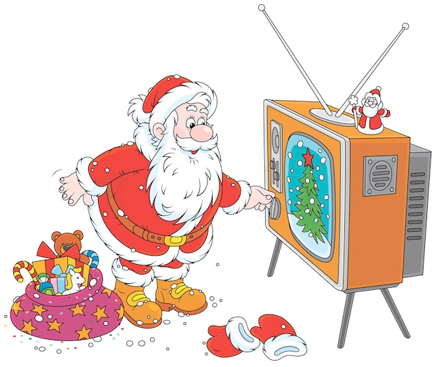 Funny Santa Claus watching and turning on his old wood TV set on Christmas night