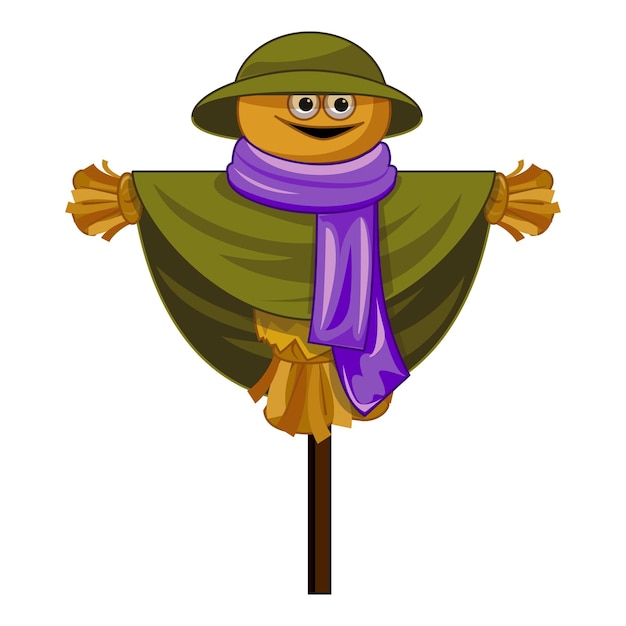 Vector funny scarecrow with a hat and a purple scarf is protecting a field