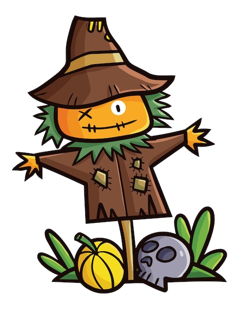 Funny and scary brown scarecrow cartoon illustration