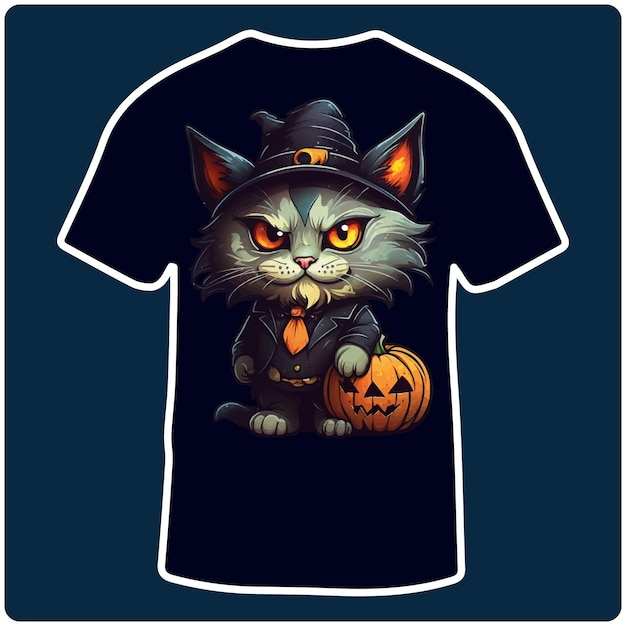 Funny Scary Cat Witch and Pumpkin Halloween illustration Black T Shirt Design