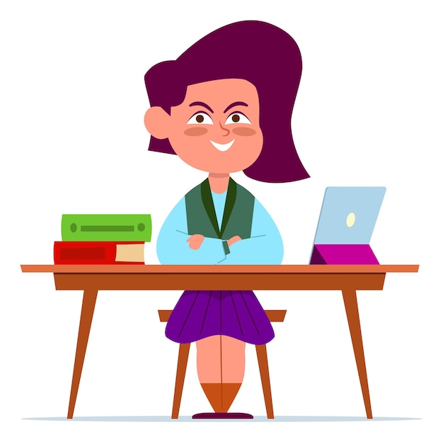 Funny school girl studying at desk Cartoon character