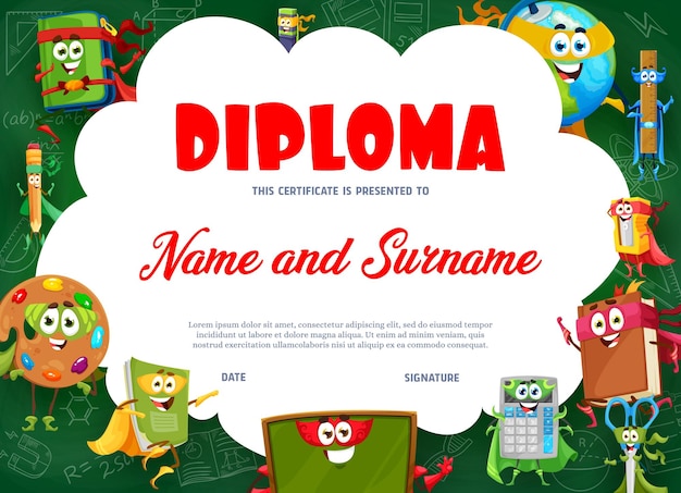 Funny school stationery hero character on diploma