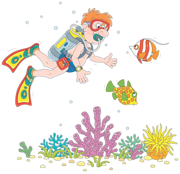 Funny scuba diver with a mask flippers and an aqualung swimming with exotic fishes on a coral reef