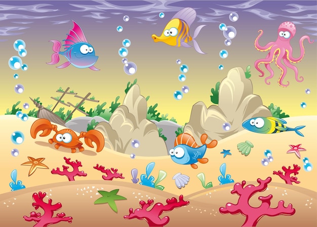 Funny sea animals and fishes Premium Vector