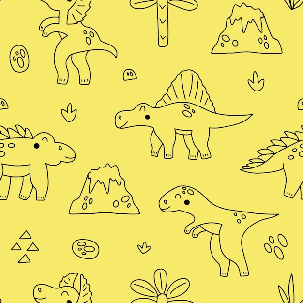 Funny seamless pattern with cartoon dinosaurs Hand drawn vector doodles for girls boys kids for fashion clothes shirt fabric