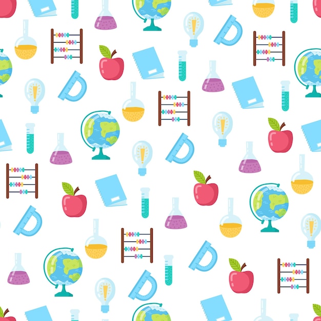 Funny seamless pattern with school supplies and creative elements. Back to school background.