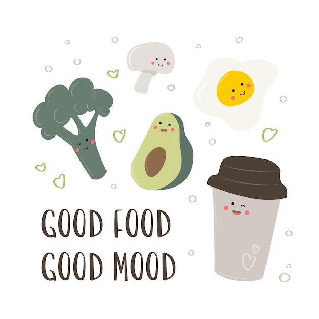 Funny set of breakfast vector food Motivating Card with text