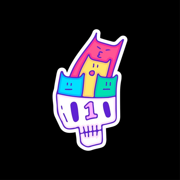 Funny skull head with colorful cats, illustration for t-shirt, sticker