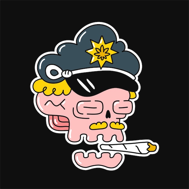 Funny skull in police hat cap and weed cannabis joint. Vector kawaii cartoon illustration logo. Weed smoking,stoner,marijuana,cannabis,police skull print for sticker,t-shirt,poster,patch concept