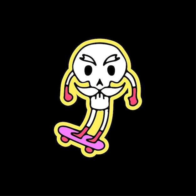 Funny skull with mustache riding skateboard, illustration for t-shirt, sticker, or apparel.