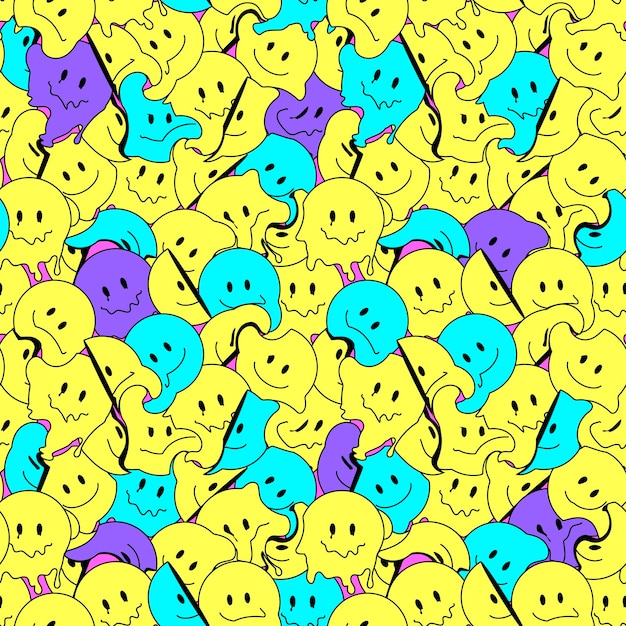 Funny smile crazy melted face seamless pattern art Vector illustration psychedelic retrro graphic Positive good vibes smiley faces acid high melt trip wallpaper seamless pattern Y2K aesthetic