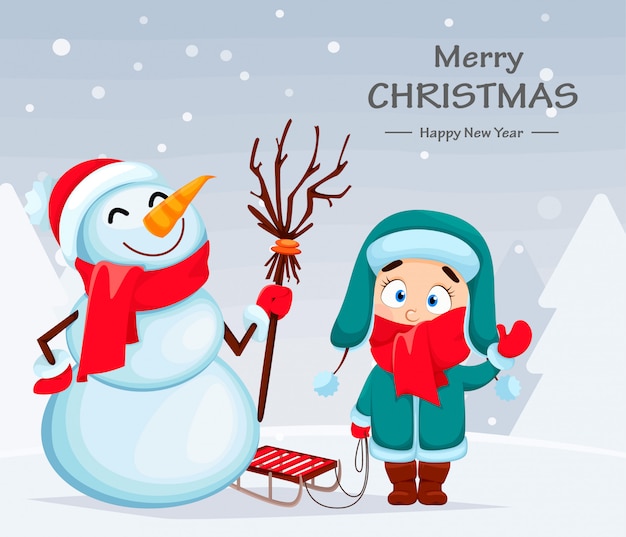 Vector funny snowman and cute girl christmas greeting