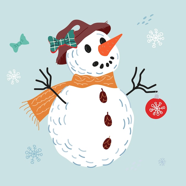 Funny snowman in hat with Christmas ball flat vector illustration isolated