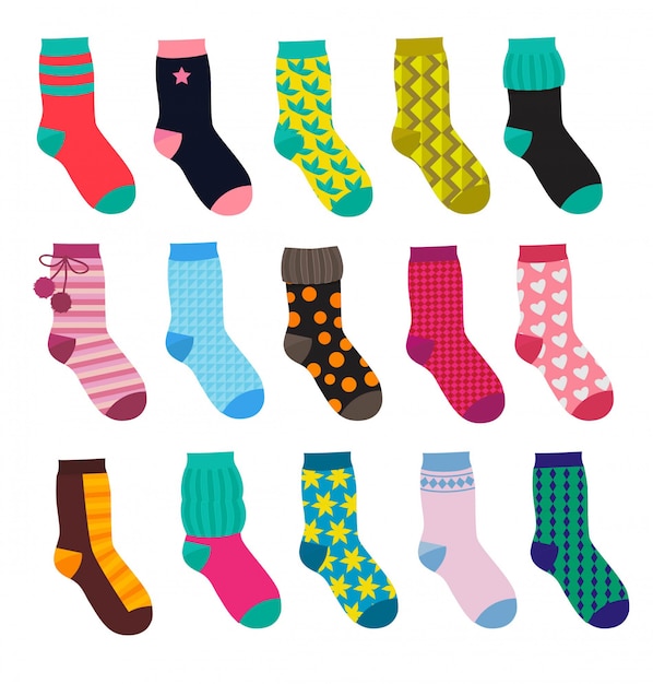 Funny socks with different patterns. Vector illustrations set in cartoon style