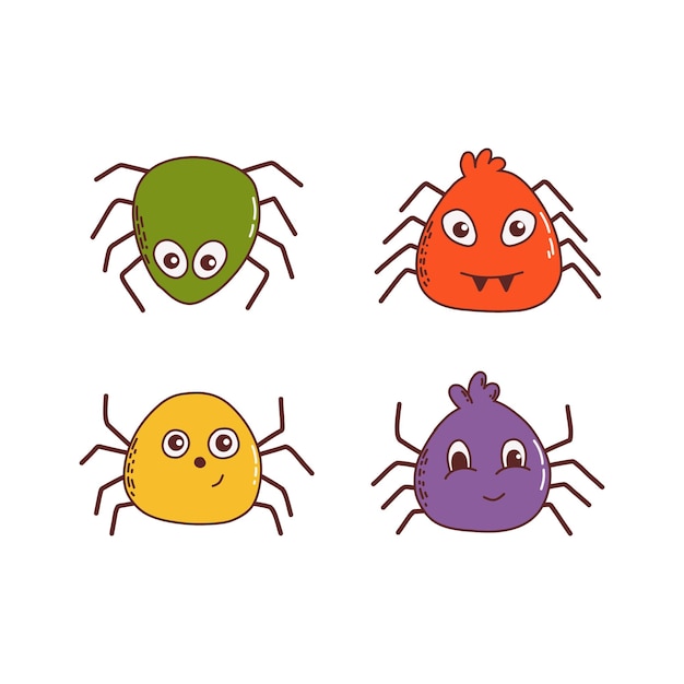 Funny Spiders set Halloween element Trick or treat concept Vector illustration in hand drawn style