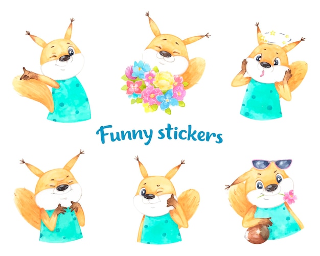 Funny squirrel stickers different emotions watercolor illustration