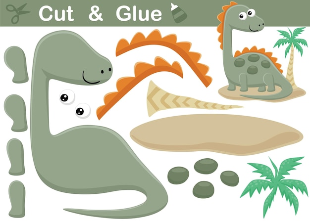 Vector funny stegosaurus cartoon with palm tree. education paper game for children. cutout and gluing